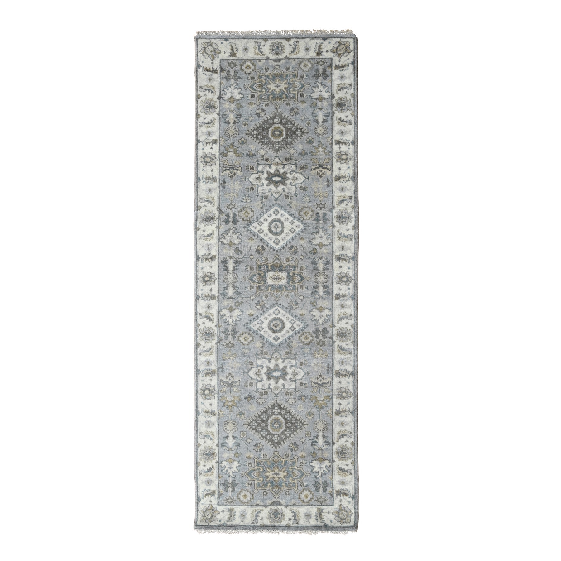 Cloud Gray, Karajeh Design with Geometric Medallions, Vegetable Dyes, Pure Wool, Hand Knotted, Runner, Oriental Rug